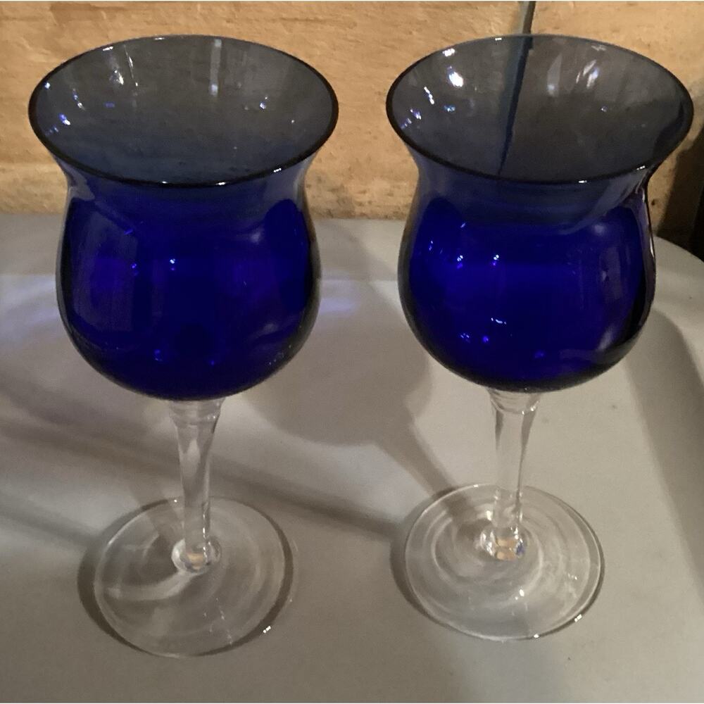 Cobalt Blue Wine Glasses Water Goblets 9.5” Set Of 2 Clear Base